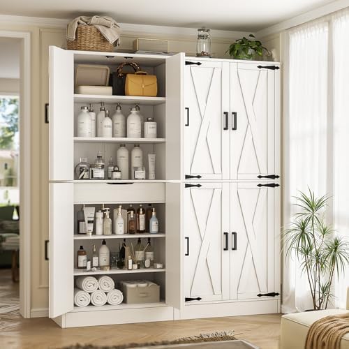 Unikito 71" Tall Pantry Cabinet with Adjustable Shelves and 2 Drawers | Large Wooden Farmhouse Storage Cupboard, Barn Door, Sturdy and Deep, Versatile for Dining Room, Living Room, Utility Room