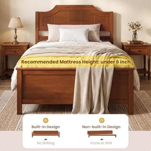 GIANTEX Twin Size Wooden Bed Frame with Headboard, Wood Slat Support