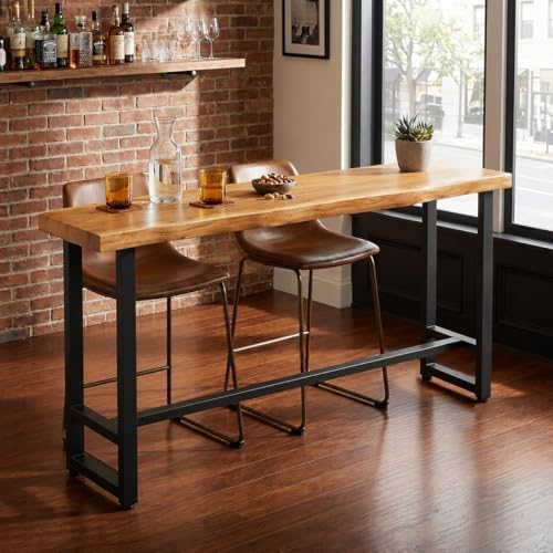 Solid Pine Wood Bar Table 55.1" - Industrial Counter Height Pub Table with Heavy Duty Steel Frame - Narrow High Top Table for Kitchen Island Home Bar & Small Spaces - Rustic Farmhouse (No Stools)