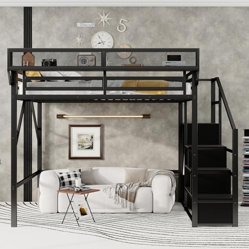 KEIKI Queen Size Metal Loft Bed Frame with Convertible Staircase, Built-in Storage Shelves and Wardrobe, Loft Bed with Solid Slats, Guardrail, No Box Spring Required, Easy Assembly, for Bedroom, Black