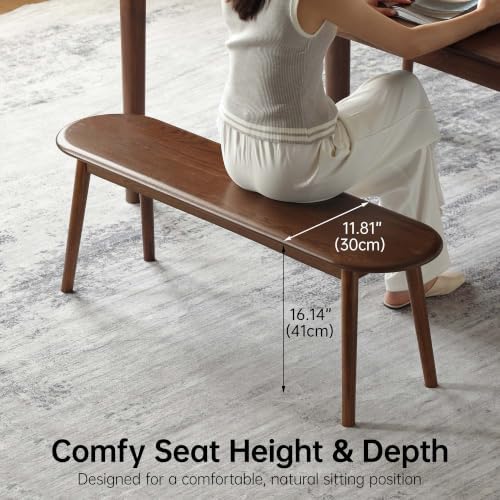 100% Solid Oak Dining Bench, Wood Bench for End of Bed with Rounded Corners, Entryway Benches for Farmhouse, Kitchen, Living Room(Walnut,12" L x 47.2" W x 16.2" H)