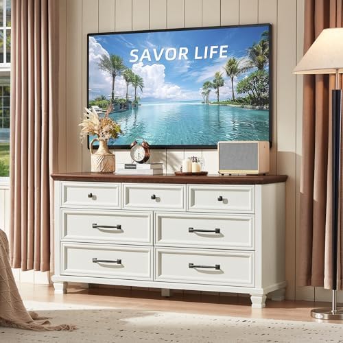 SAVOR LIFE Farmhouse 7 Drawer Dresser for Bedroom, White