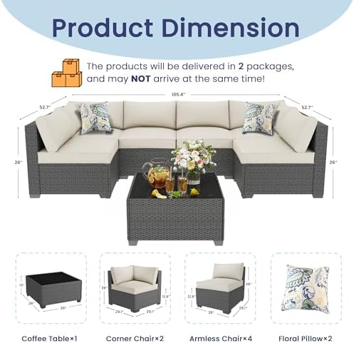 7 Piece Outdoor Patio Sectional Furniture Set, Modular Wicker Outdoor Couch