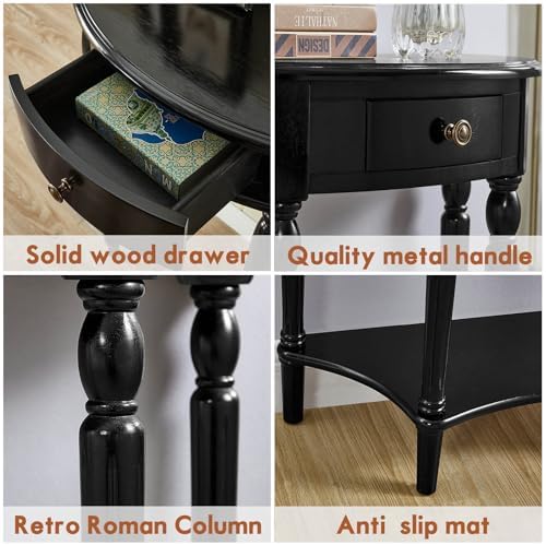 Half Moon Console Table Solid Wood Vintage Entryway Table with Storage Drawer Small Hallway Table for Entryway Half Round Foyer Tables Walnut Entry Way Tables For Entrance(Black, W-39.4")
