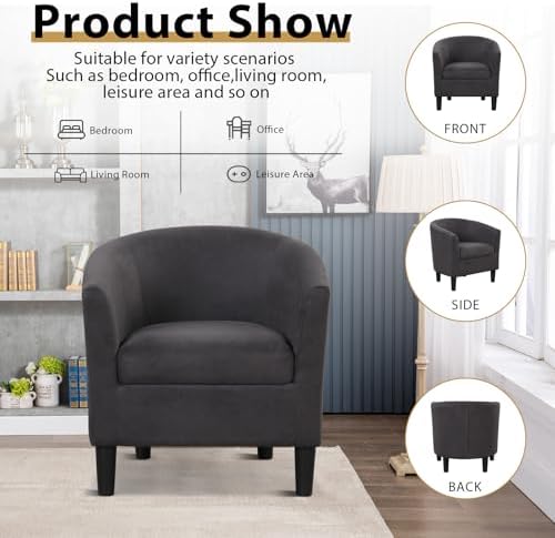 INZOY Modern Accent Chair with Ottoman for Small Space, Club Chair with Ottoman Set, Comfy Fabric Barrel Reading Chairs for Living Room Bedroom, Round Reading Chair with Foot Rest, Dark Grey