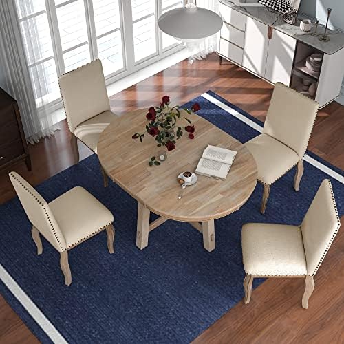 LUMISOL Round Dining Table Set for 4, Farmhouse Kitchen Table Set with Round Extendable Dining Table and 4 Upholstered Dining Chairs, Natural Wood Wash