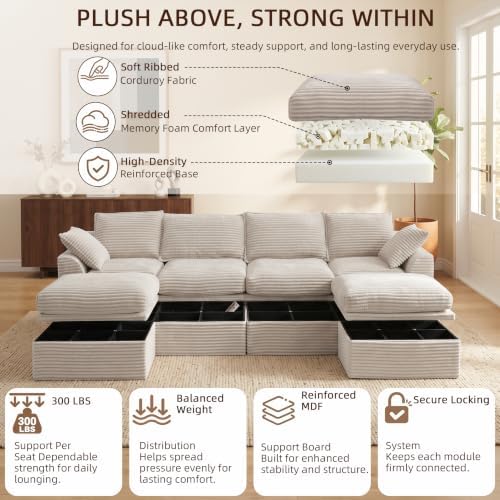 142" Upgraded Boneless Couch with Storage, Modular Sectional Couches for Living Room, Oversized Deep Seat 6-Seat U Shaped Cloud Sofa with Ottoman & Pillows,Corduroy,No Assembly(Beige)