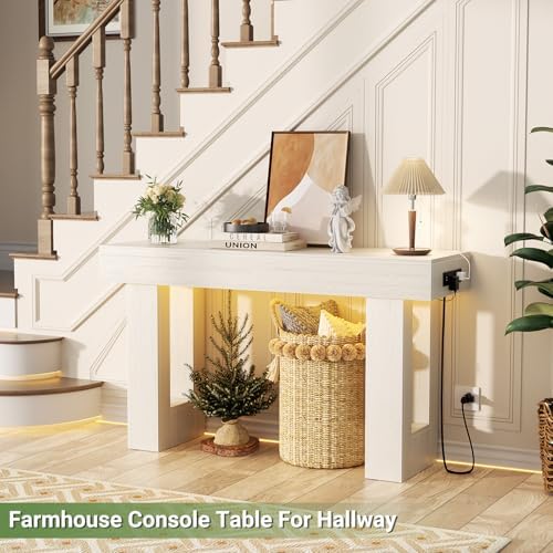 Unikito 47" Entryway Table with Socket & Sensor Light, Rustic White