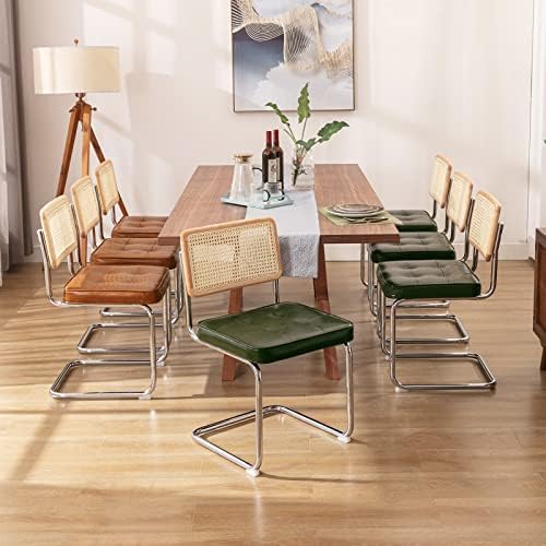 Zesthouse Natural Rattan Dining Chairs Set of 4, Mid Century Modern Dining Room Chairs with Chrome Leg, Faux Leather Kitchen Chair with Solid Wood Back & Cane Mesh, Breuer Cesca Design Inspired, Green