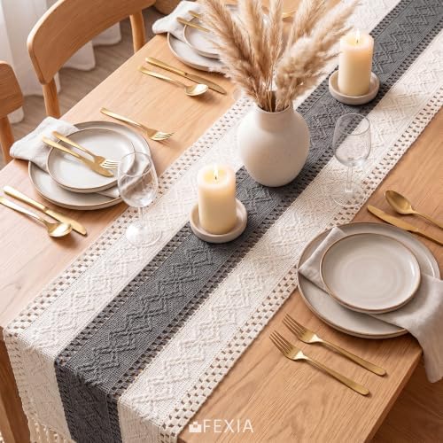 FEXIA Boho Table Runner with Tassels for Home Decor 12x72 Inches Grey