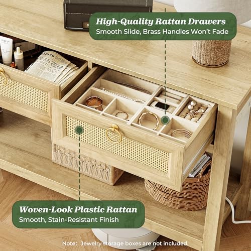 SUPERJARE Rattan Console Sofa Table with Outlets, USB-C Port and 3 Drawers