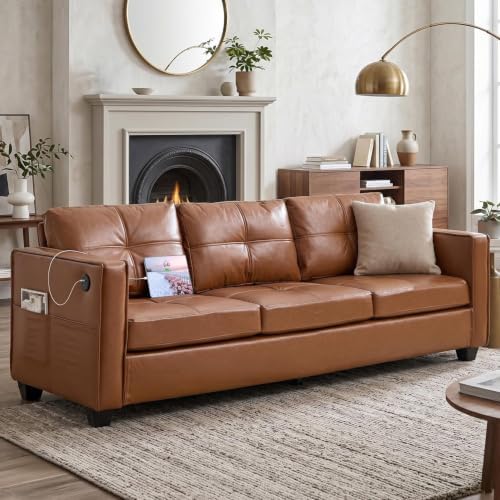 TYBOATLE 88'' Brown Faux Leather Couch with USB, 3-Seater Living Room Sofa