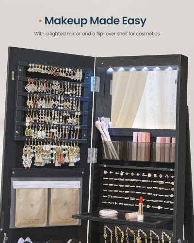 SONGMICS HOME LED Standing Jewelry Armoire, Vanity Mirror with Storage | Full Length Mirror with Lights, Lockable Large Jewelry Box, Space-Saving Jewelry Organizer, Gift Idea, Black UJJC008B01SH