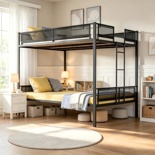 PVWIIK Queen Over Queen Bunk Bed for Teens,Black