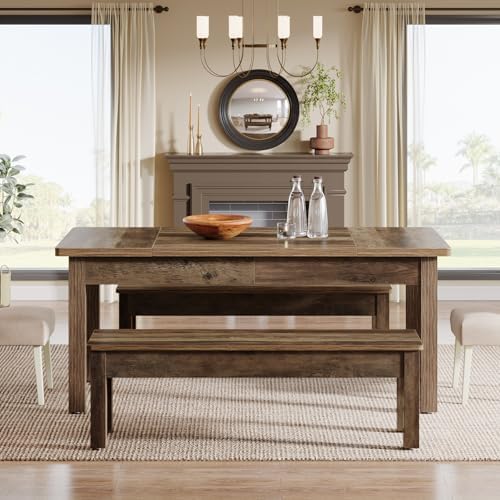 Tribesigns Farmhouse Kitchen Table Set for 4-6, 55-Inch Wooden Dining Table with 2 Benches, Space Saving 3 Pieces Heavy Duty Dinette for Dining Room, Kitchen, Small Space (Wood Hemp)