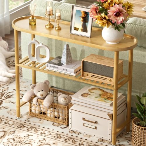 Narrow Console Table Bamboo 39.4", Modern Entryway Table for Hallway Oval Top, Sofa Console Table with Anti-Fall Edge, TV Stand for Living Room, Indoor Outdoor Plant Stand, 5min Easy Assembly