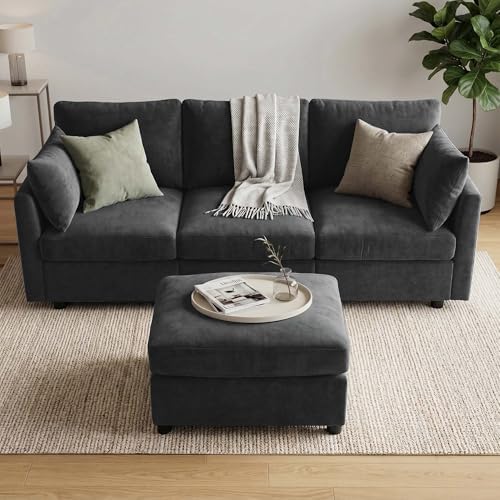 Iroomy Sectional Couch for Living Room, Comfy L Shaped Convertible Sofa, 4 Seater Modern Chenille Sofa with Ottoman,Black