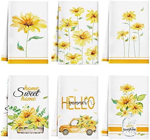 Redbaker 6 Pcs Sunflower Kitchen Towels Yellow Daisy Dishcloth Decorative