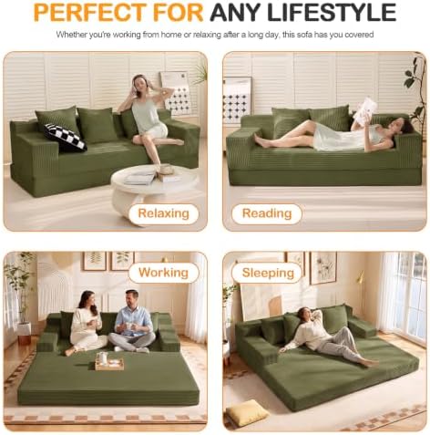 Erament 3 Seater Boneless Couch Sofa Bed, 78'' Corduroy Oversized Loveseat Folding Sofas Bed, Compression Convertible Futon Floor Couch Sofa Beds with 3 Pillows for Living Room Bedroom Apartment