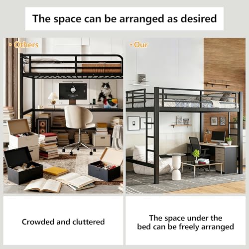 Bellemave Full Size Metal Loft Bed Frame with 2 Ladders, High Guardrail & Sturdy Iron Construction, Space-Saving Adult Loft Bed for Dorms, Safe for Kids, Teens, No Box Spring Needed, Black