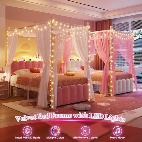 Homkdom Twin Canopy Bed Frame with Drawers and LED Lights & Charging,Pink
