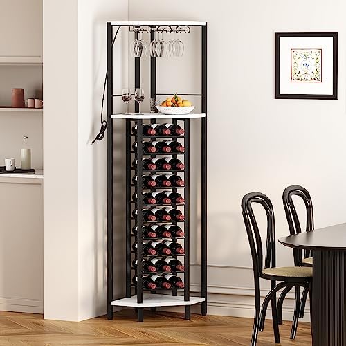 Homeiju Corner Wine Rack with Glass Holder and Led Strip Light, Corner Bar Wine Racks Freestanding Floor, Industrial Corner Bar Cabinet for Kitchen, Dining Room, Living Room or Cellar