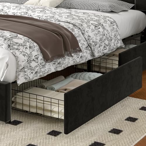 VECELO King Size Upholstered Bed Frame with 4 Drawers and Headboard, Velvet Platform Storage Bedframe, Wooden Slats Support, No Box Spring Needed,Black