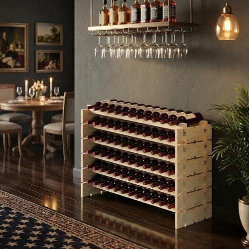 72 Bottles Stackable Modular Wine Rack, 6-Tier 72 Slots Floor Wine Storage Stand Wooden Wine Holder Display Shelves, Wobble-Free, Solid Wood, Floor Free Standing
