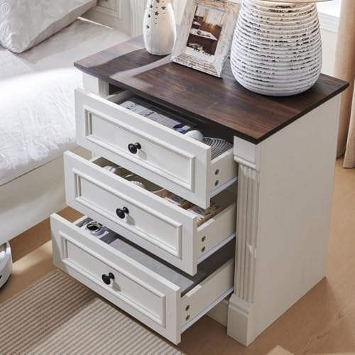 Aitjunz 26" Tall Nightstand w/Charging Station, 3 Drawers, Antique White