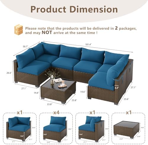 LOUVIXA 7 Piece Outdoor Patio Furniture Set, Outdoor Sectional Sofa, Wicker Rattan Patio Furniture, Patio Conversation Set with Coffee Table & Cushions