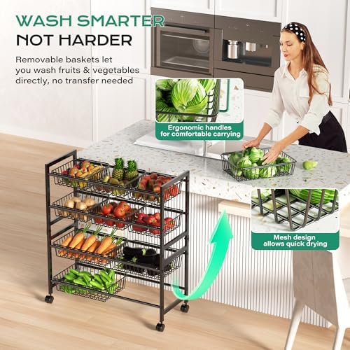 Cinati 4-Tier Snack Cart with Wheels, 29''W Toy Storage Organizer, Rolling Pantry Storage Cart with 10 Wire Baskets & Handle,Adjustable Metal Snack Rack, Kitchen Organizer for Fruit, Vegetables(Black)