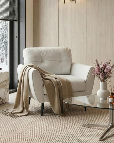 White Faux Leather Accent Chair, Tufted Armchair for Living Room and Office