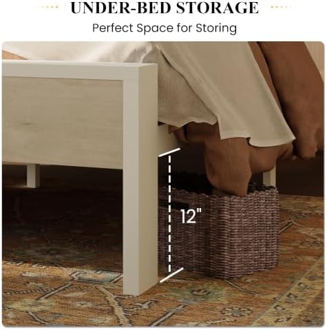 SHA CERLIN 14 Inch Full Metal Platform Bed Frame with Wooden Headboard and Footboard, No Box Spring Needed, Large Under Bed Storage, Heavy Duty Slats Support, White Washed Oak