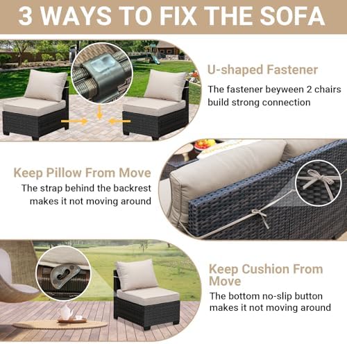 Jing's Villa 10-Piece Patio Furniture Set, All-Weather Outdoor Wicker Sectional Sofa with Cushions, Glass Table & Left and Right Armrest, Rattan Conversation Seating for Porch, Garden, Backyard,Beige