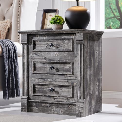 Aitjunz 26" Tall Nightstand w/Charging Station, 3 Drawers, Light Grey