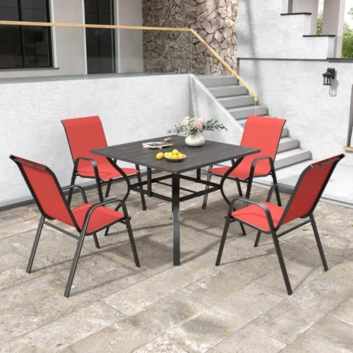 Red Patio Chairs Set of 4, Stackable Outdoor Dining Chairs for All Weather Textilene Fabric & Metal Frame, Outdoor Chairs Set for Backyard Deck Garden