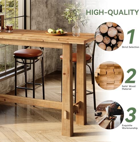 Solid Wood Bar Table, 63-Inch Farmhouse Bar Height Pub Table for Kitchen Dining Room, Rustic Wooden Bistro Table with Sturdy Legs for Home Bar, Apartment, Cafe, Natural Brown