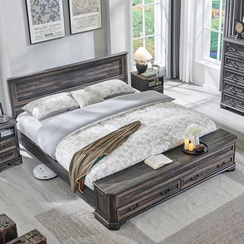 T4TREAM Farmhouse King Bed with Headboard and Storage Bench
