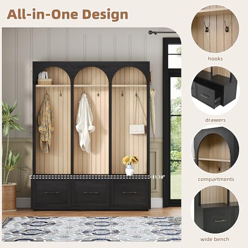 Merax Farmhouse Wood Hall Tree with 8 Hooks and Storage Shoe Bench, Arched Mudroom Versatile Coat Racks with 3 Drawers, Entrance Organizer for Hallway Black