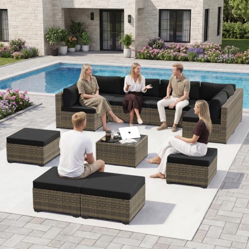 Aoxun Patio Furniture Sets, 11-Piece Outdoor Furniture with Ottoman, Wicker Conversation Set Sectional Sofa for Backyard, Poolside, Garden
