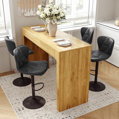 Miereirl 3-Piece Counter Height Bar Table Set, 55 Inch Oak Pub Dining Table & 2 White Swivel Adjustable Bar Stools, PU Leather Counter Chairs with Backrest for Kitchen Island Dining Room