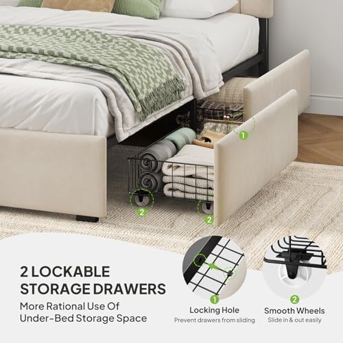 Welzona Full Size Upholstered Bed Frame with Headboard & 2 Drawers, White