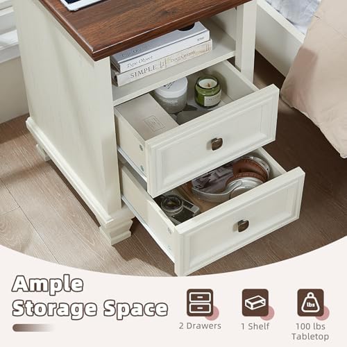 SAVOR LIFE Farmhouse Side Table with Charging Station, White