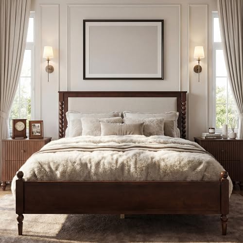 Merax Queen Size Solid Wood Platform Bed Frame, Upholstered Headboard & Classic Spindle & with Fabric Panel, No Box Spring Needed, 500 lbs Capacity Timeless Traditional for Bedroom, Brown