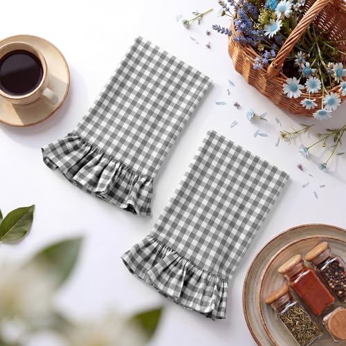 HunnmingRe 2 Pcs Gray Gingham Kitchen Towels Cotton Ruffled