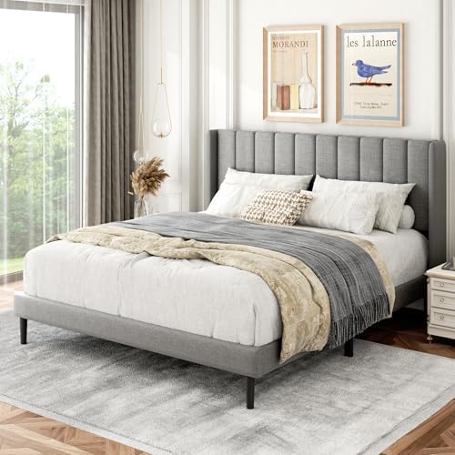 Gruwans Queen Size Bed Frame with Upholstered Wingback Headboard, Easy Assemnly Platform Bed, Wooden Slat Support No Box Spring Needed, Light Gray