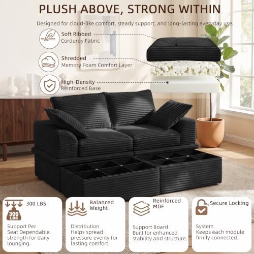 Boneless Sectional Couch with Storage, Upgraded Modular Sofa with Ottoman, Deep Seat Sleep Sofa for Living Room, 4 Seat Memory Foam Modern Corduroy Cloud Sofa with 2 Pillows,No Assembly(71"-Black)