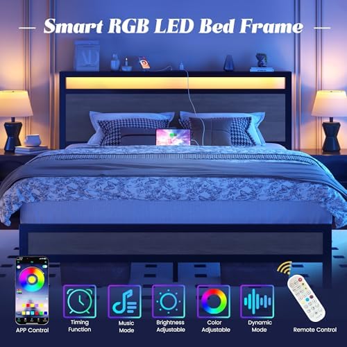Fluest Queen Bed Frame with Headboard, Fast-Charging & LED, Storage Shelf