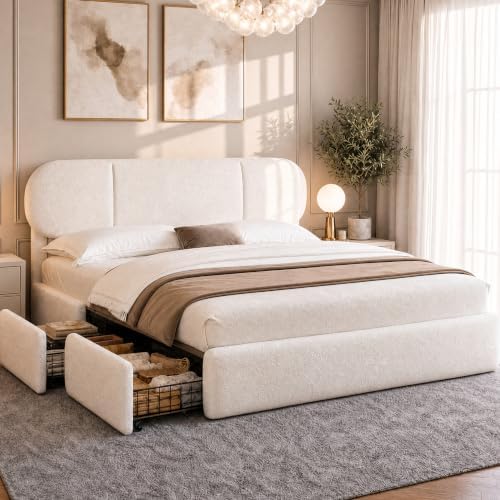 King Size Cloud Bed Frame with LED & 4 Drawers, Beige