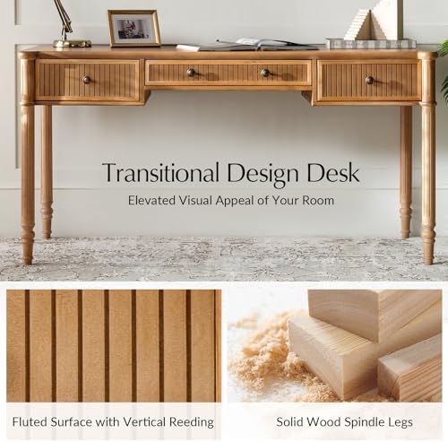 HULALA HOME 60 Inches Fluted Writing Desk with Charging Station, Teak